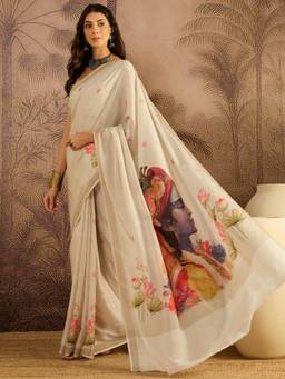 KIMISHA - Women Cream Printed Cotton Saree with Unstitched Blouse