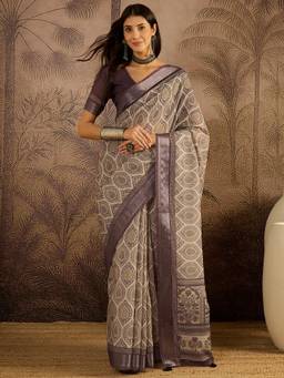 KIMISHA - Women Purple Printed Linen Saree with Unstitched Blouse