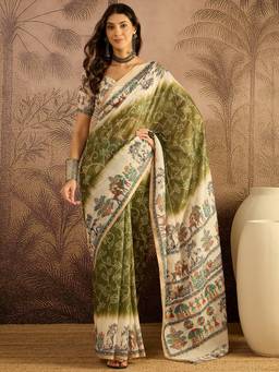 KIMISHA - Women Olive Printed Cotton Blend Saree with Unstitched Blouse
