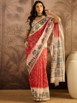 KIMISHA - Women Red Printed Cotton Blend Saree with Unstitched Blouse
