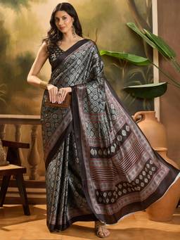 KIMISHA - Women Black Printed Satin Saree with Unstitched Blouse