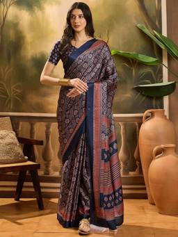 KIMISHA - Women Navy Blue Printed Satin Saree with Unstitched Blouse