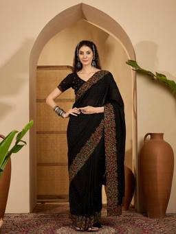 KIMISHA - Women Black Embroidered Chiffon Saree with Unstitched Blouse
