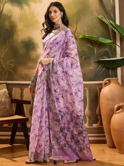 KIMISHA - Women Lavender Printed Linen Saree with Unstitched Blouse