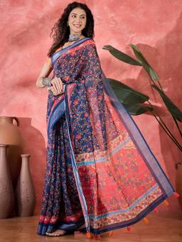 KIMISHA - Women Navy Blue Printed Linen Saree with Unstitched Blouse
