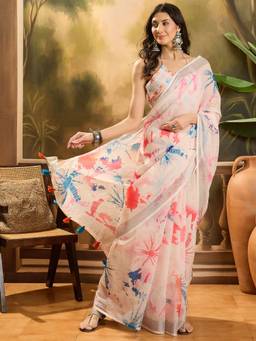 KIMISHA - Women Off White Woven Linen Saree with Unstitched Blouse