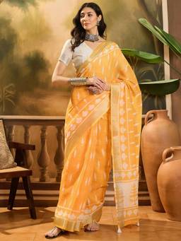 KIMISHA - Women Orange Woven Linen Saree with Unstitched Blouse