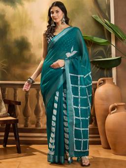 KIMISHA - Women Teal Woven Linen Saree with Unstitched Blouse