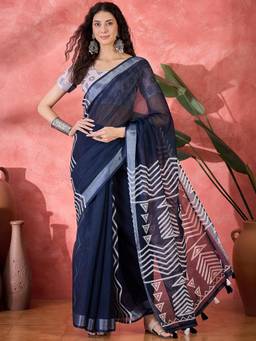 KIMISHA - Women Navy Blue Woven Linen Saree with Unstitched Blouse