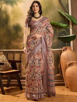 KIMISHA - Women Brown Woven Linen Saree with Unstitched Blouse