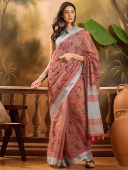 KIMISHA - Women Brown Woven Linen Saree with Unstitched Blouse