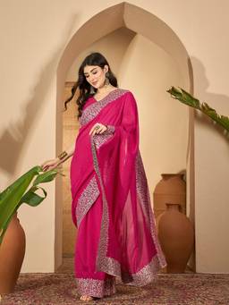 KIMISHA - Women Magenta Embellished Chiffon Saree with Unstitched Blouse