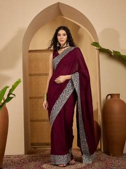 KIMISHA - Women Wine Embellished Chiffon Saree with Unstitched Blouse