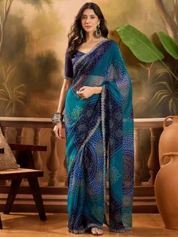 KIMISHA - Women Blue Printed Georgette Saree with Unstitched Blouse