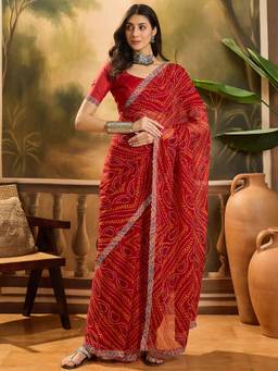 KIMISHA - Women Red Printed Georgette Saree with Unstitched Blouse