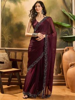 KIMISHA - Women Brown Embellished Silk Blend Saree with Unstitched Blouse