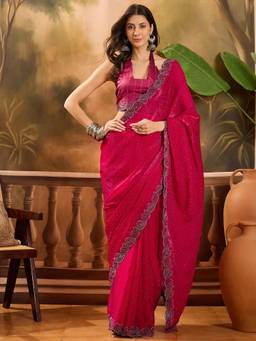 KIMISHA - Women Magenta Embellished Silk Blend Saree with Unstitched Blouse
