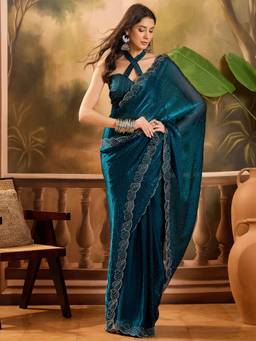 KIMISHA - Women Teal Embellished Silk Blend Saree with Unstitched Blouse