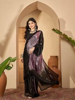 KIMISHA - Women Pink Embellished & Sequined Georgette Saree with Unstitched Blouse