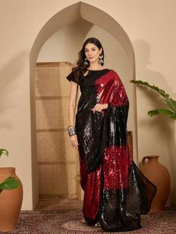KIMISHA - Women Red Embellished & Sequined Georgette Saree with Unstitched Blouse