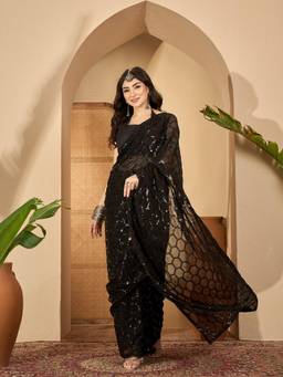 KIMISHA - Women Black Embellished & Sequined Georgette Saree with Unstitched Blouse