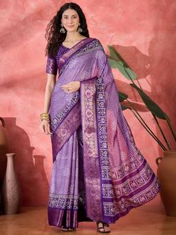 KIMISHA - Women Lavender Printed Silk Blend Saree with Unstitched Blouse