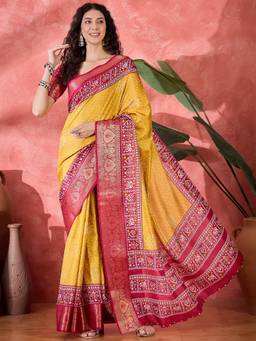 KIMISHA - Women Mustard Printed Silk Blend Saree with Unstitched Blouse