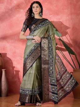 KIMISHA - Women Olive Printed Silk Blend Saree with Unstitched Blouse