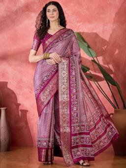 KIMISHA - Women Pink Printed Silk Blend Saree with Unstitched Blouse