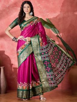 KIMISHA - Women Magenta Floral Silk Blend Saree with Unstitched Blouse