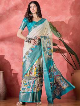 KIMISHA - Women Blue Woven Silk Blend Saree with Unstitched Blouse