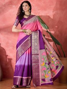 KIMISHA - Women Pink Woven Silk Blend Saree with Unstitched Blouse