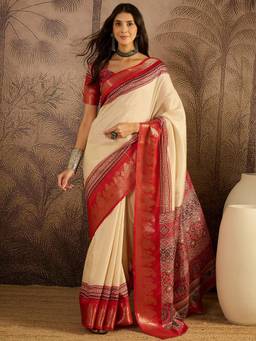 KIMISHA - Women Beige Woven Satin Saree with Unstitched Blouse