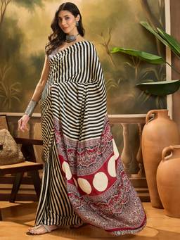KIMISHA - Women Black Printed Satin Saree with Unstitched Blouse