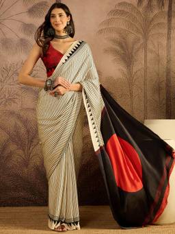 KIMISHA - Women Off White Printed Satin Saree with Unstitched Blouse
