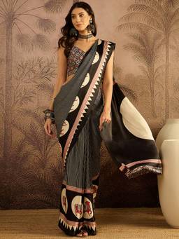 KIMISHA - Women Black Printed Satin Saree with Unstitched Blouse