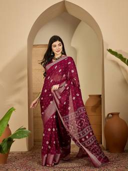 KIMISHA - Women Wine Printed Chiffon Saree with Unstitched Blouse