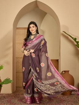 KIMISHA - Women Mauve Printed Chiffon Saree with Unstitched Blouse