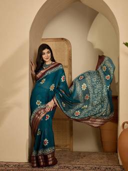 KIMISHA - Women Teal Printed Chiffon Saree with Unstitched Blouse