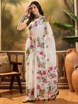 KIMISHA - Women Cream Printed Linen Saree with Unstitched Blouse