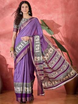 KIMISHA - Women Lavender Printed Silk Blend Saree with Unstitched Blouse