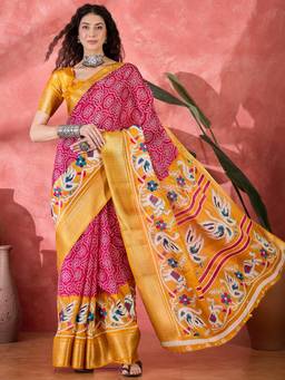 KIMISHA - Women Magenta Woven Silk Blend Saree with Unstitched Blouse