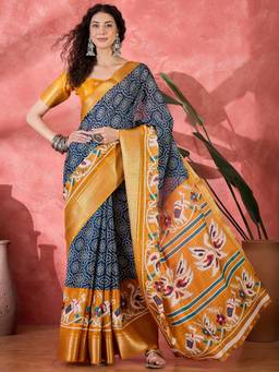 KIMISHA - Women Navy Blue Woven Silk Blend Saree with Unstitched Blouse