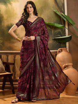 KIMISHA - Women Maroon Printed Chiffon Saree with Unstitched Blouse
