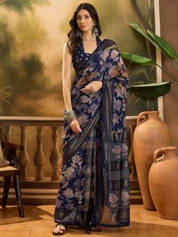 KIMISHA - Women Navy Blue Printed Chiffon Saree with Unstitched Blouse