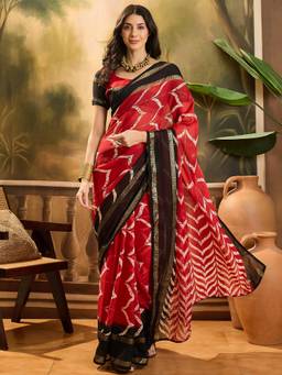 KIMISHA - Women Red Printed Chiffon Saree with Unstitched Blouse