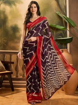KIMISHA - Women Wine Printed Chiffon Saree with Unstitched Blouse