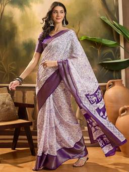 KIMISHA - Women Purple Printed Cotton Silk Saree with Unstitched Blouse