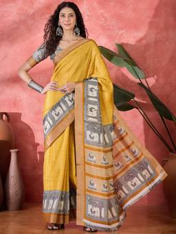 KIMISHA - Women Mustard Printed Silk Blend Saree with Unstitched Blouse