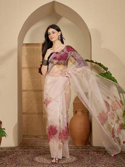 KIMISHA - Women Cream Printed Organza Saree with Unstitched Blouse